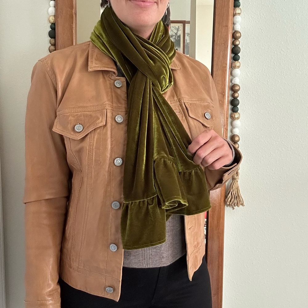 Olive Green Velvet Ruffled Scarf